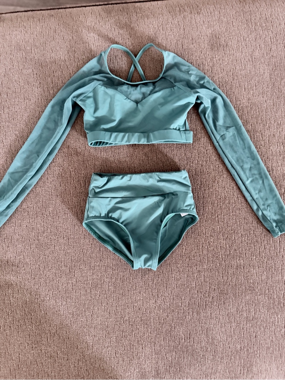 Girls Long Sleeve High-Waist Two-Piece Swim Set in Teal